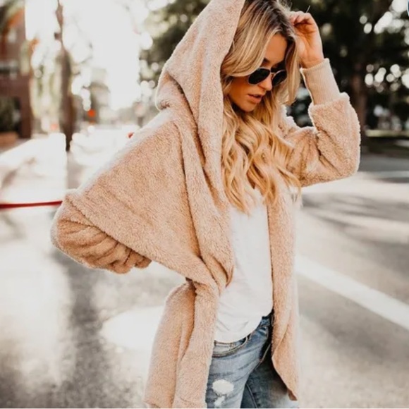 Tan Soft Cozy Pocket Hood Sherpa Lightweight Fleece Teddy Jacket Coat cardigan - Picture 4 of 7